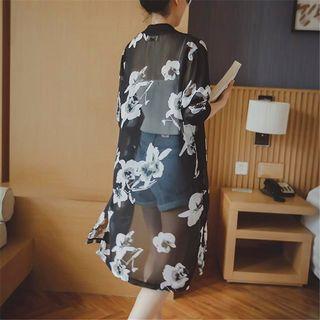 Floral Print Buttoned Chiffon Long Light Jacket