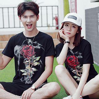 Couple Matching Rose Print Short-sleeve T-shirt