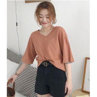 Washed V-neck Wide Short-sleeve Plain T Shirt