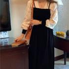 Mock Two-piece Long-sleeve Lace Midi A-line Dress Black - One Size