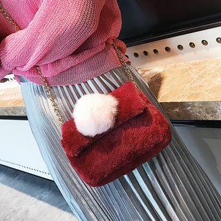Fleece Pom-pom Accent Chain Shoulder Bag