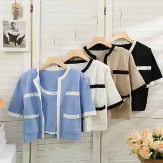 Contrasted Knit Crop Tank Top / Open-front Short-sleeve Light Cardigan