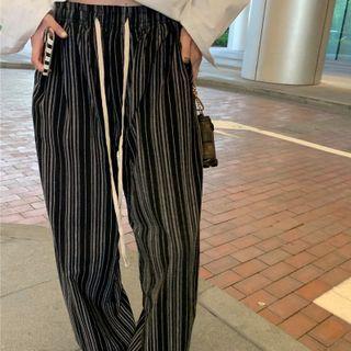 Long-sleeve Pocketed Shirt / Striped Wide Leg Pants