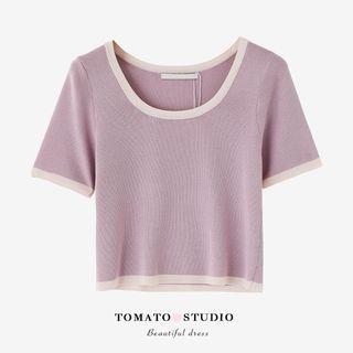 Crewneck Two Tone Knit Cropped Top
