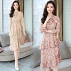 Long-sleeve Plaid Frill-trim Dress