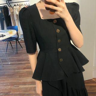 Elbow-sleeve Buttoned Ruffled Top / Asymmetric Ruffled A-line Midi Skirt