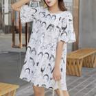 Elbow-sleeve Cartoon Printed Mini T-shirt Dress