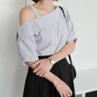 Asymmetric-neckline Checked Top