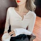 Long-sleeve Asymmetrical Faux Pearl Top