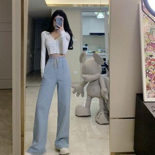 V-neck Cropped Knit Top / Wide-leg Pants