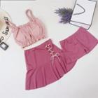 Set: Tankini Top + Lace Up Swim Skirt + Swim Shorts