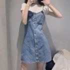 Short-sleeve Knit Crop Top / Spaghetti-strap Denim Mini A-line Dress