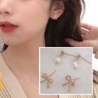 Rhinestone Bow Faux Pearl Dangle Earring Set Of 2 - Classic Earrings - One Size