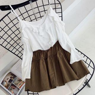 Set: Frilled Spaghetti Strap Long-sleeve Chiffon Top + Mini Skirt