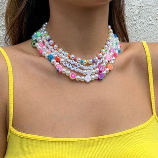 Soft Clay Bead Faux Pearl Layered Necklace 2579 - Gold - One Size