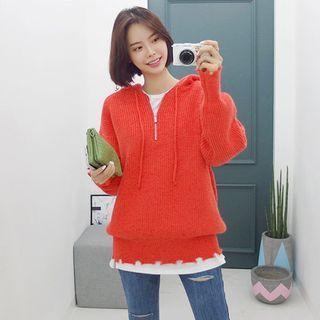 Hooded Distressed-hem Knit Top