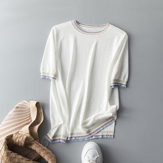 Short-sleeve Stripe Trim Knit Top