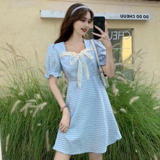 Puff Sleeve Square Neck Lace Bow Plaid A-line Dress