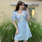 Puff Sleeve Square Neck Lace Bow Plaid A-line Dress