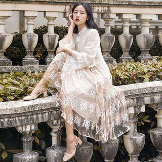 Set: Lace Trim Blouse + Midi A-line Skirt