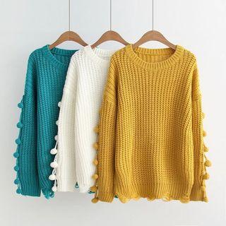 Pompom-accent Plain Sweater