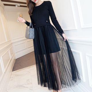 Knit Panel Mock Two-piece Midi Mesh Dress