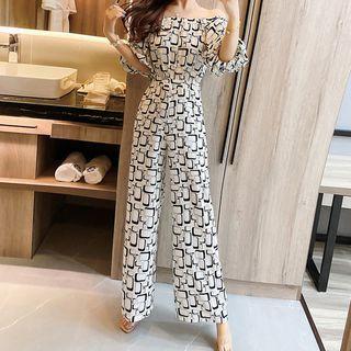 Patterned Off-shoulder Wide-leg Jumpsuit