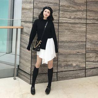 Mock Two-piece Long-sleeve A-line Dress Black & White - One Size