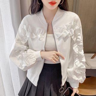 Ruffle Trim Zip-up Bomber Jacket