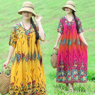 Elbow-sleeve Printed Maxi Tunic Dress