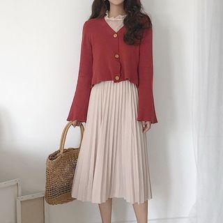 Plain V-neck Cardigan / Midi A-line Pleated Skirt / Mock Neck Blouse