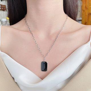 Rectangle Enamel Pendant Sterling Silver Necklace 1pc - 289l - Silver & Black - One Size