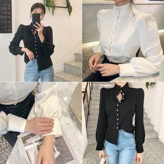 High-neck Bead Button Blouse