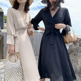 V-neck Long-sleeve Dress With Sash