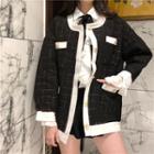 Tweed Check Jacket / Long Sleeve Ruffled Blouse / A-line Shorts