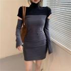 Long-sleeve Two-tone Cut-out Mini Sheath Dress Black Gray - One Size