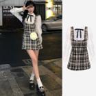 Puff-sleeve Shirt / Plaid Mini Overall Dress
