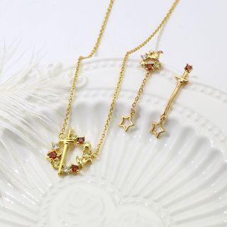 Rhinestone Cross Necklace / Non-matching Star Drop Earring