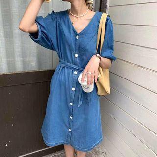 Elbow-sleeve Button-up Denim Midi A-line Dress