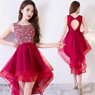 Dip-back Jeweled Mini Prom Dress