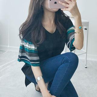 Elbow-sleeve Contrast-trim Loose-fit Top