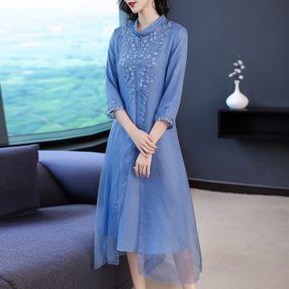 Elbow-sleeve Floral Embroidered Midi A-line Mesh Dress
