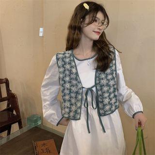 Long-sleeve Midi A-line Dress / Floral Vest
