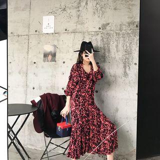 Leopard Print Long-sleeve Midi A-line Dress
