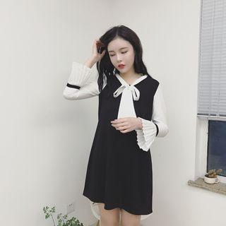 Color Block Long-sleeve Dress As Shown In Figure - One Size
