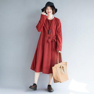 Long-sleeve Pinstriped Midi A-line Dress