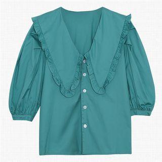 Short-sleeve Wide-collar Frill Trim Blouse