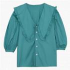 Short-sleeve Wide-collar Frill Trim Blouse