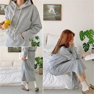 Set: Hooded Fleece-lined Pullover + Band-waist Slit-side Skirt