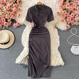 Short Sleeve Drawstring Slit Qipao Dress